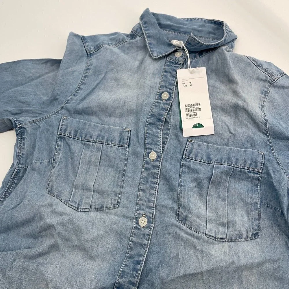 H&M Dress 0 Womens Blue Lightweight Shirt Dress Chambray Collared Casual New